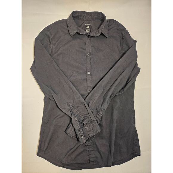 H&M Mens Size “M” Black Slim Fit Button Front Collared Dress Shirt Easy Iron - Picture 7 of 12